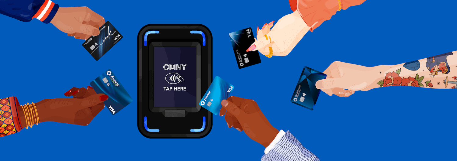 image of OMNY turnstile payment acceptor and multiple arms extended to tap to pay using Chase credit cards