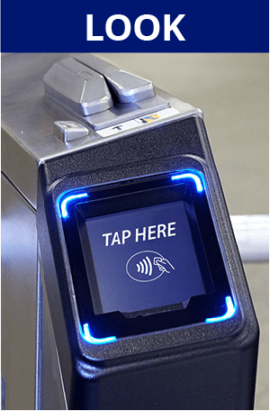 Look. Image of turnstile payment acceptor with Contactless merchant acceptance symbol.