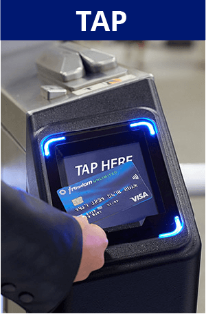 Tap. Image of turnstile payment acceptor with Chase Freedom Unlimited Visa credit card tapping on it. Screen images simulated.